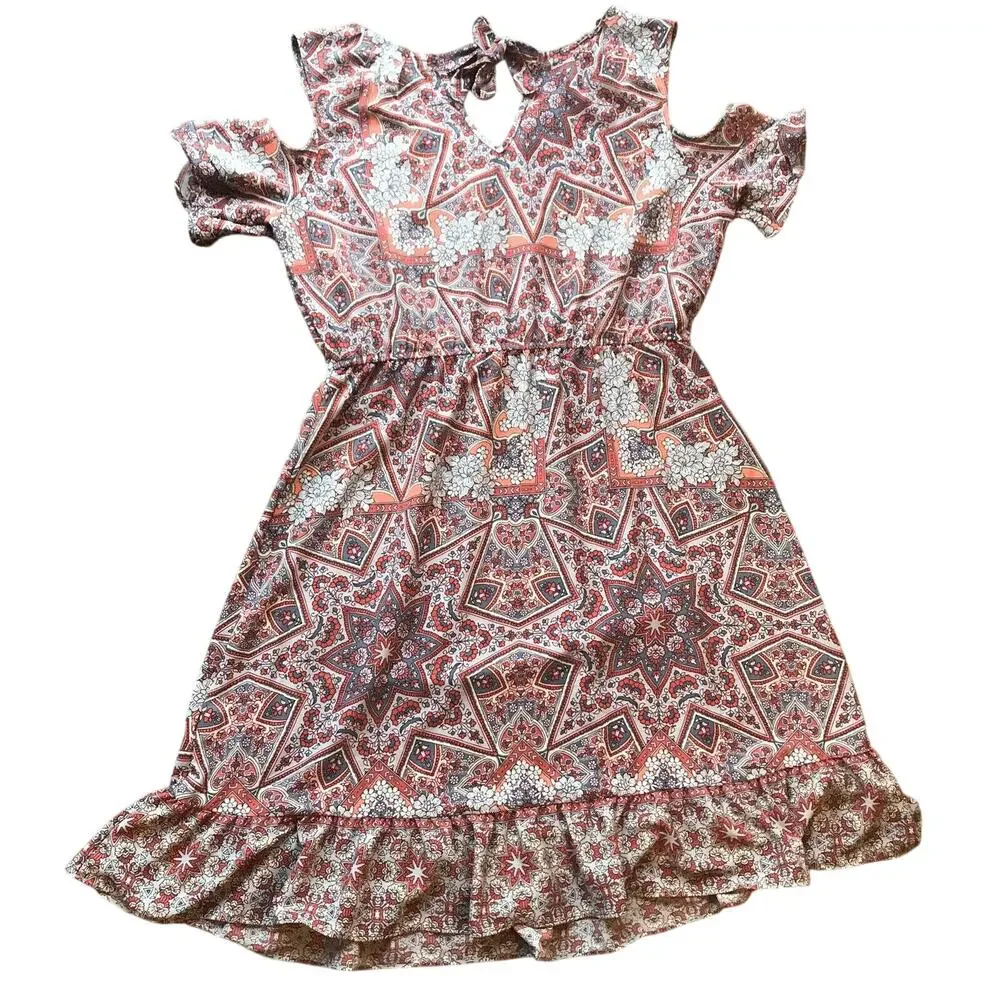 Lauren Conrad Sz XL Dress Cold Shoulder Mandala Floral Boho Ruffle Romantic READ - Picture 2 of 8